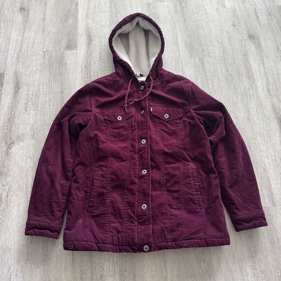 Levis Corduroy Hooded Jacket Small Burgundy Sherpa Lined Trucker Zip Button - Picture 1 of 6